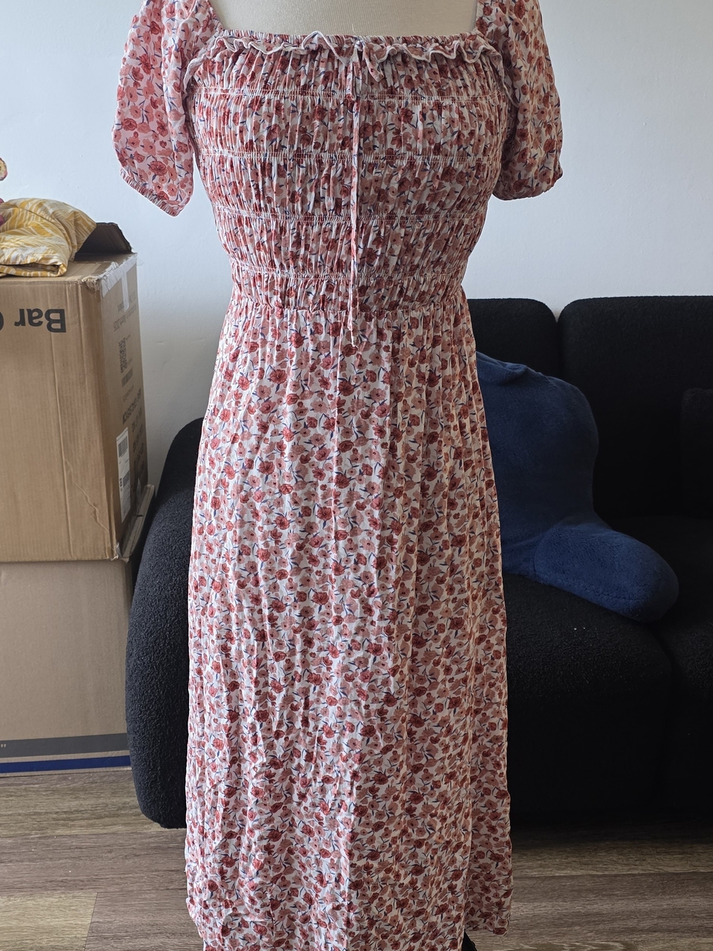 Smocked Square Neck Floral Midi Dress - Pink Size S
